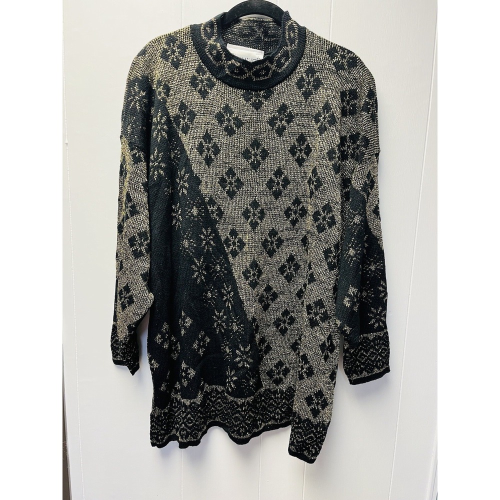 Trimmings Plus 20W Black Gold Metallic Tunic Sweater Holiday Ski Party Boho NWT